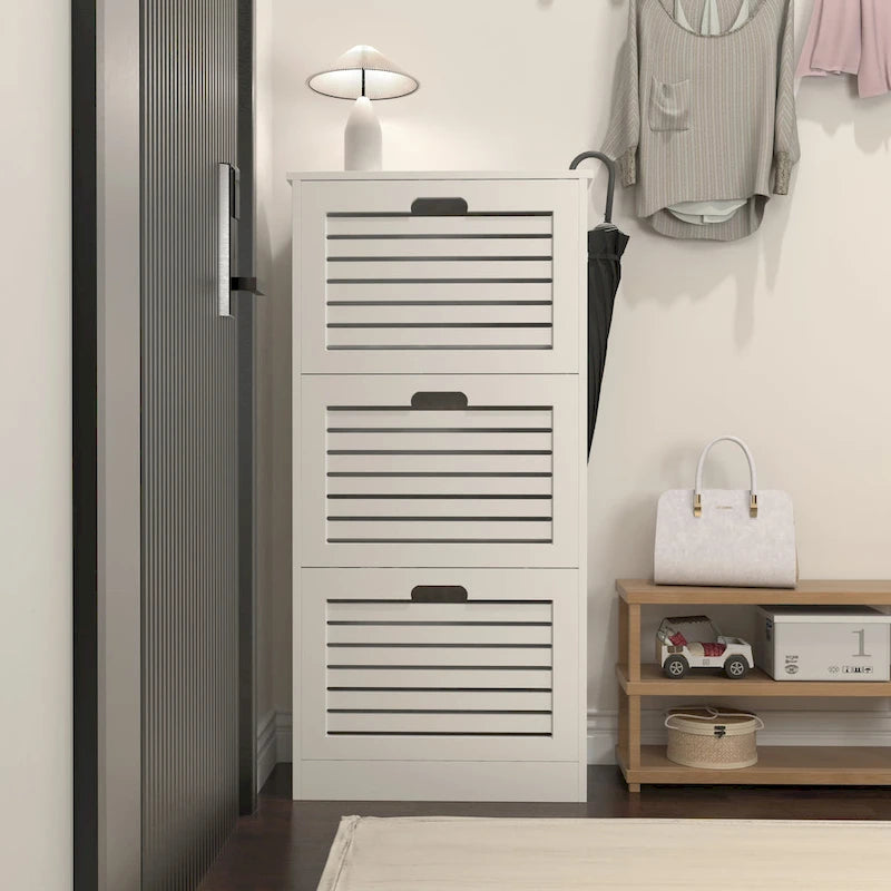 Meuble à chaussures en bois pour entrée, meuble de rangement pour chaussures blanc avec 3 portes basculantes 53,2 x 24 x 109,5 cm