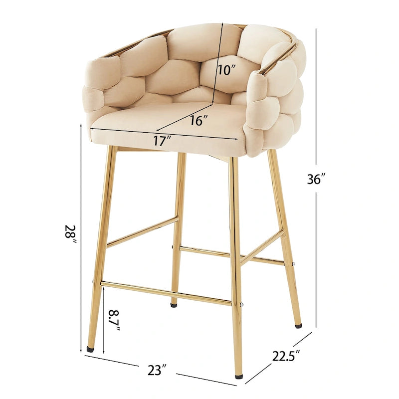 Lot de 2 tabourets de bar modernes de 71 cm avec dossier et assise rembourrés en velours, pieds en métal pour salle à manger, salon et chambre à coucher