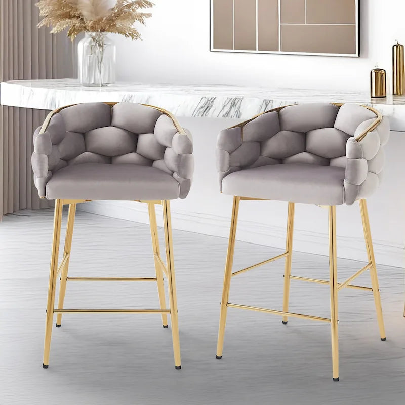 Lot de 2 tabourets de bar modernes de 71 cm avec dossier et assise rembourrés en velours, pieds en métal pour salle à manger, salon et chambre à coucher