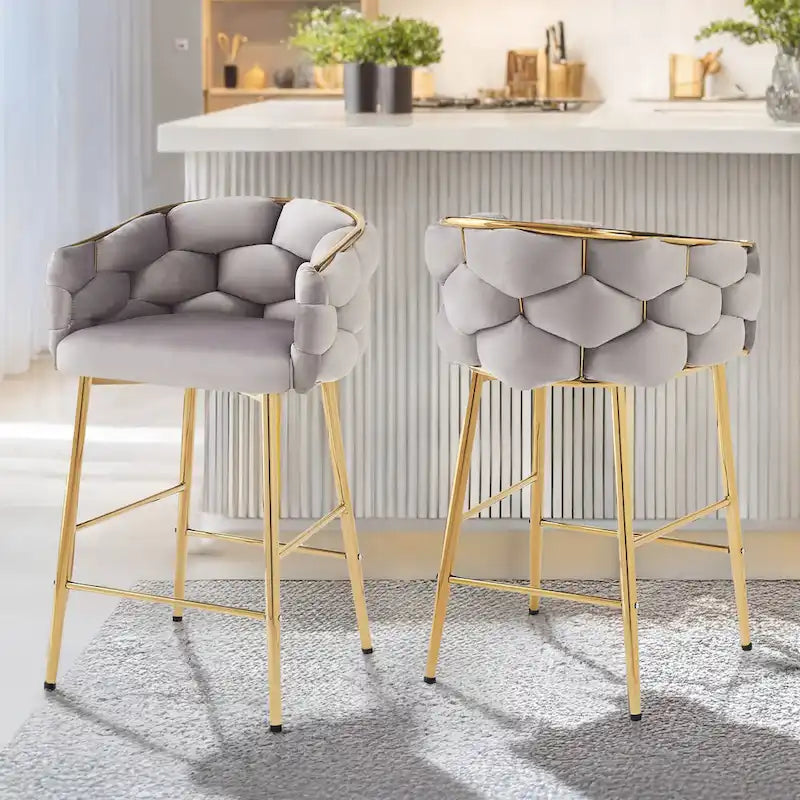Lot de 2 tabourets de bar modernes de 71 cm avec dossier et assise rembourrés en velours, pieds en métal pour salle à manger, salon et chambre à coucher