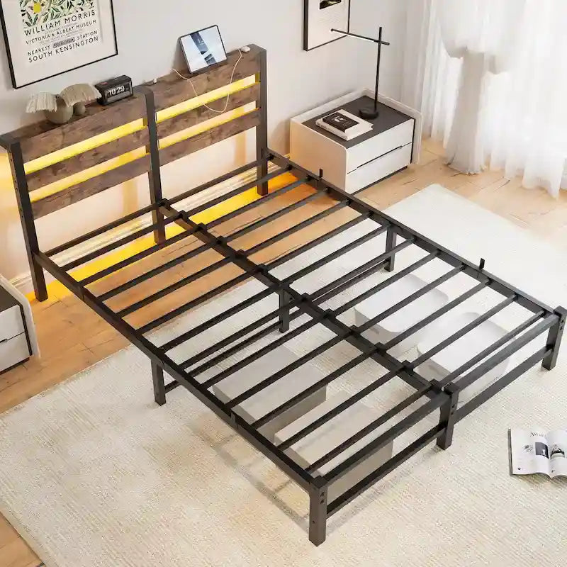 Beige+Brown Queen Size Modern Metal Bed with Wooden Headboard,RGB Lights and Storage Shelf for Bedroom