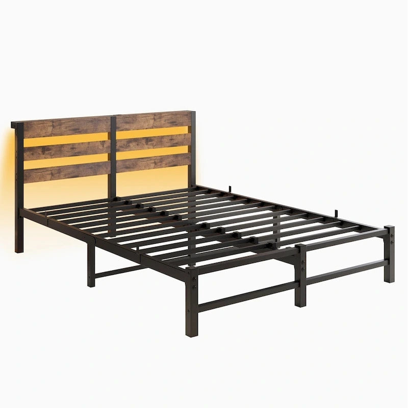Lit double moderne en métal beige et marron avec tête de lit en bois, lumières RVB et étagère de rangement pour chambre à coucher