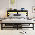 Lit double moderne en métal noir avec tête de lit en bois, lumières RVB