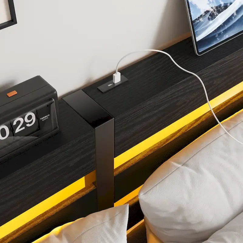 Black Queen Size Modern Metal Bed with Wooden Headboard, RGB Lights