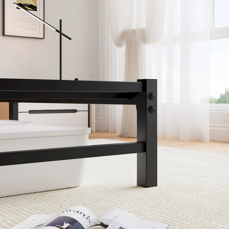 Lit double moderne en métal noir avec tête de lit en bois, lumières RVB
