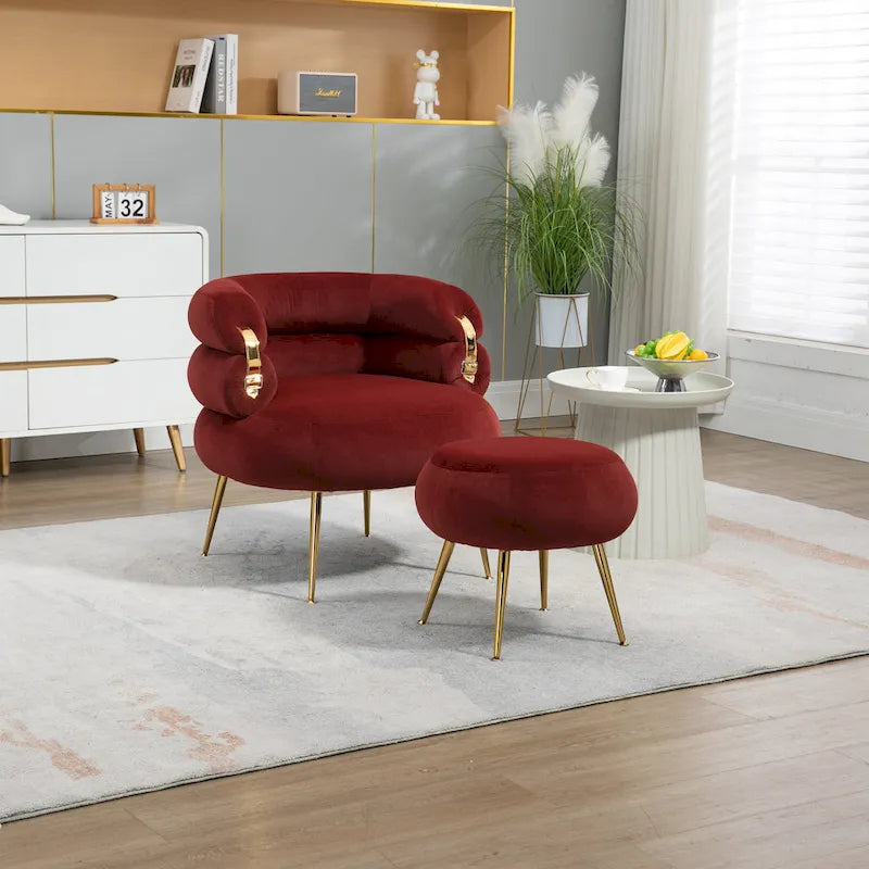 Wine Red Modern 29.13 Upholstered Barrel Chair with Ottoman and Sturdy Metal Frame