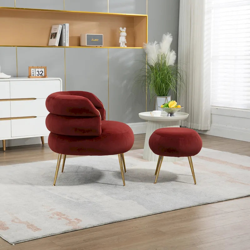 Fauteuil tonneau moderne rembourré rouge lie-de-vin de 74 cm avec pouf et cadre en métal robuste