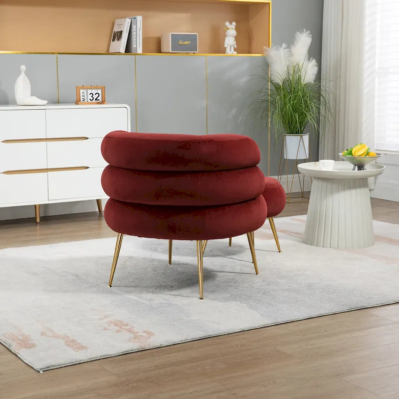 Fauteuil tonneau moderne rembourré rouge lie-de-vin de 74 cm avec pouf et cadre en métal robuste