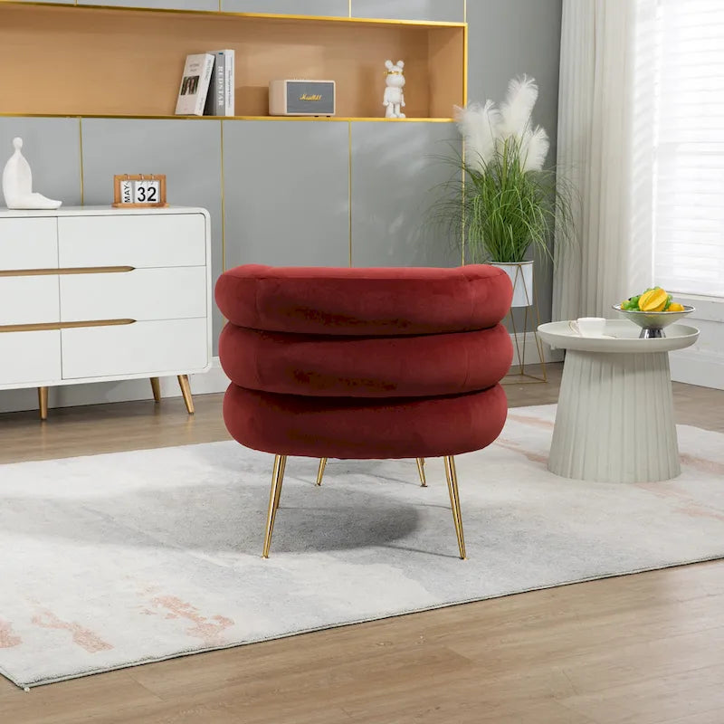 Fauteuil tonneau moderne rembourré rouge lie-de-vin de 74 cm avec pouf et cadre en métal robuste
