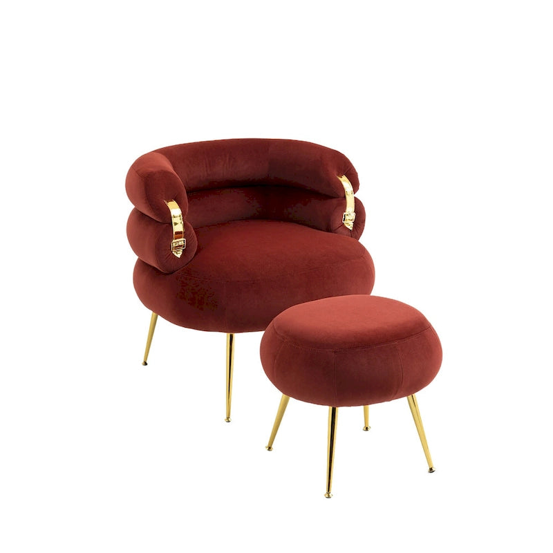 Fauteuil tonneau moderne rembourré rouge lie-de-vin de 74 cm avec pouf et cadre en métal robuste