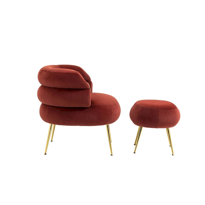 Fauteuil tonneau moderne rembourré rouge lie-de-vin de 74 cm avec pouf et cadre en métal robuste
