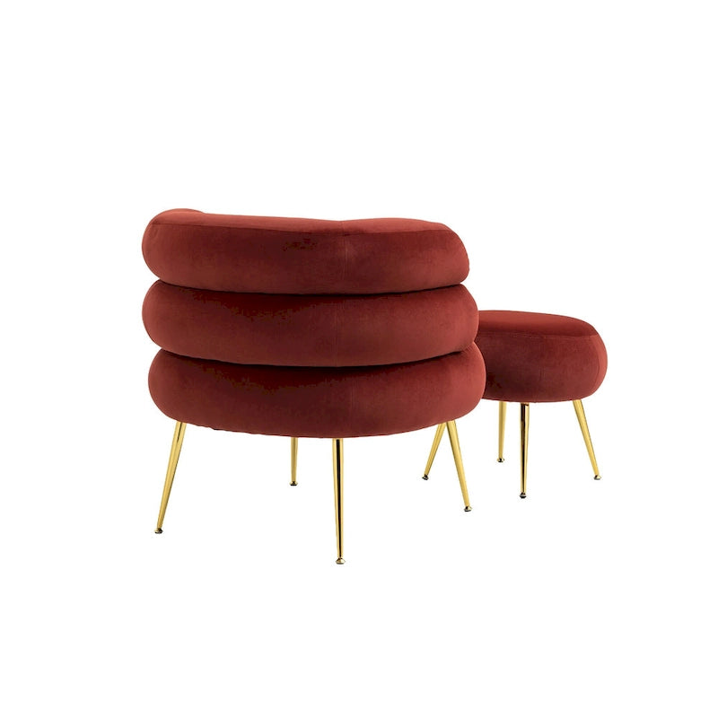 Fauteuil tonneau moderne rembourré rouge lie-de-vin de 74 cm avec pouf et cadre en métal robuste