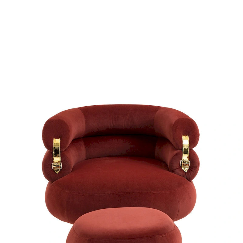 Fauteuil tonneau moderne rembourré rouge lie-de-vin de 74 cm avec pouf et cadre en métal robuste