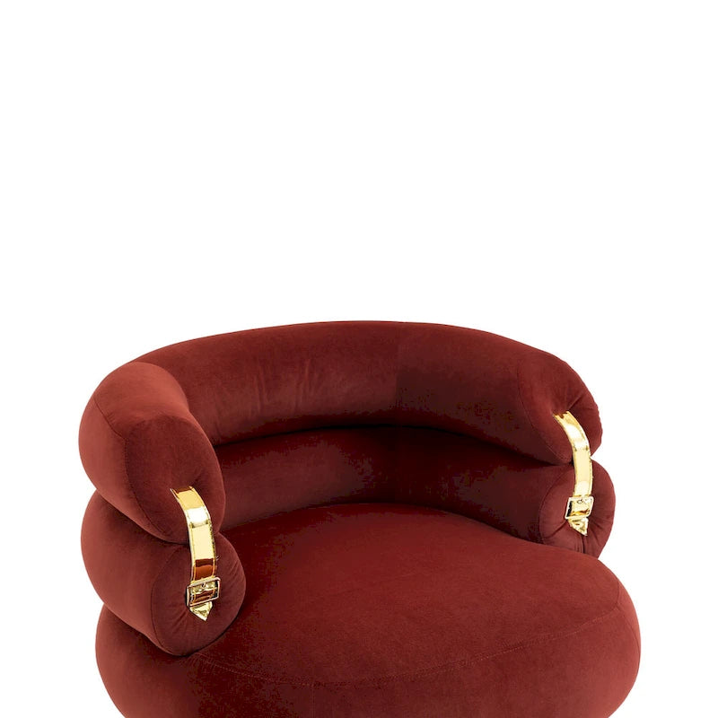 Fauteuil tonneau moderne rembourré rouge lie-de-vin de 74 cm avec pouf et cadre en métal robuste