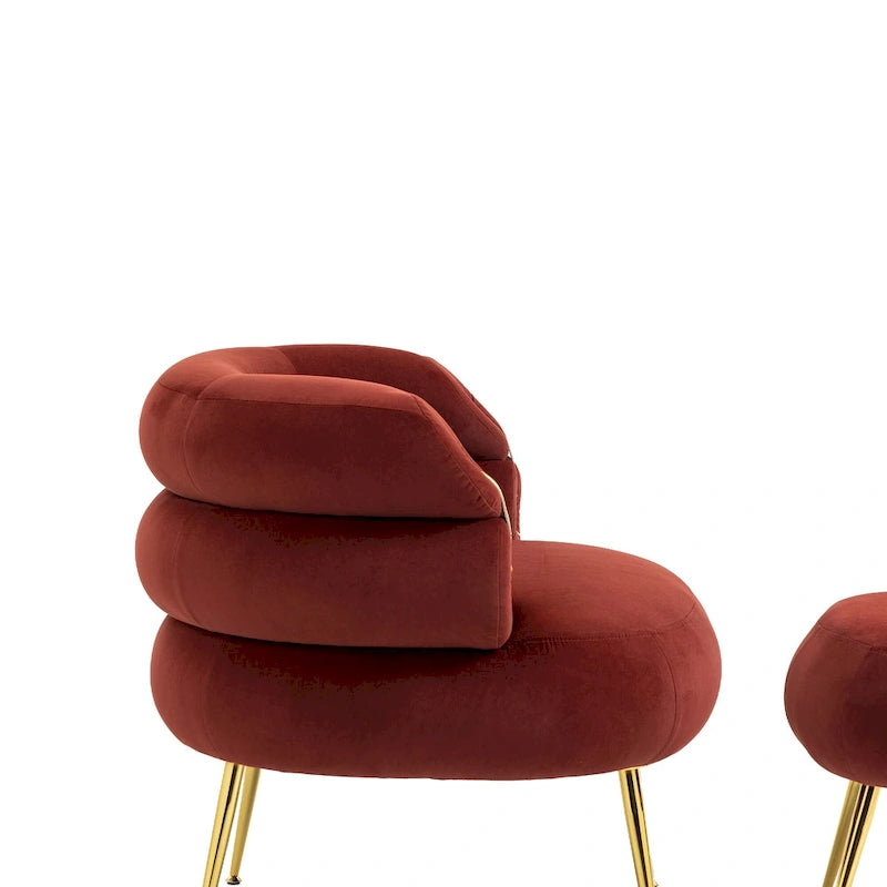Fauteuil tonneau moderne rembourré rouge lie-de-vin de 74 cm avec pouf et cadre en métal robuste