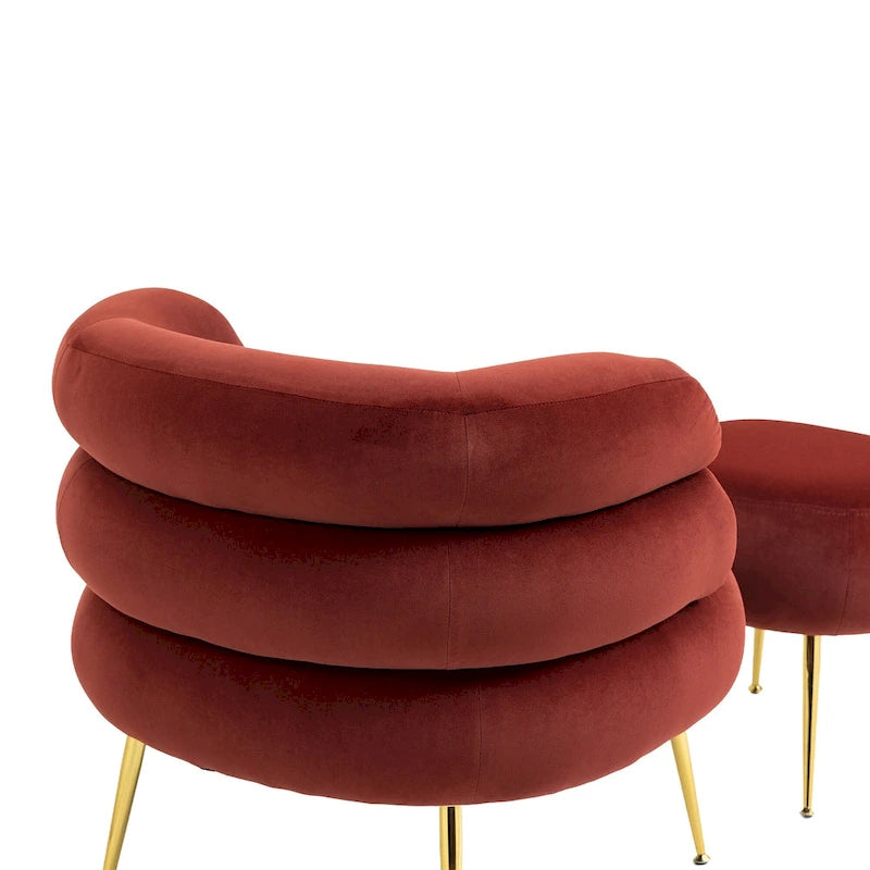 Fauteuil tonneau moderne rembourré rouge lie-de-vin de 74 cm avec pouf et cadre en métal robuste