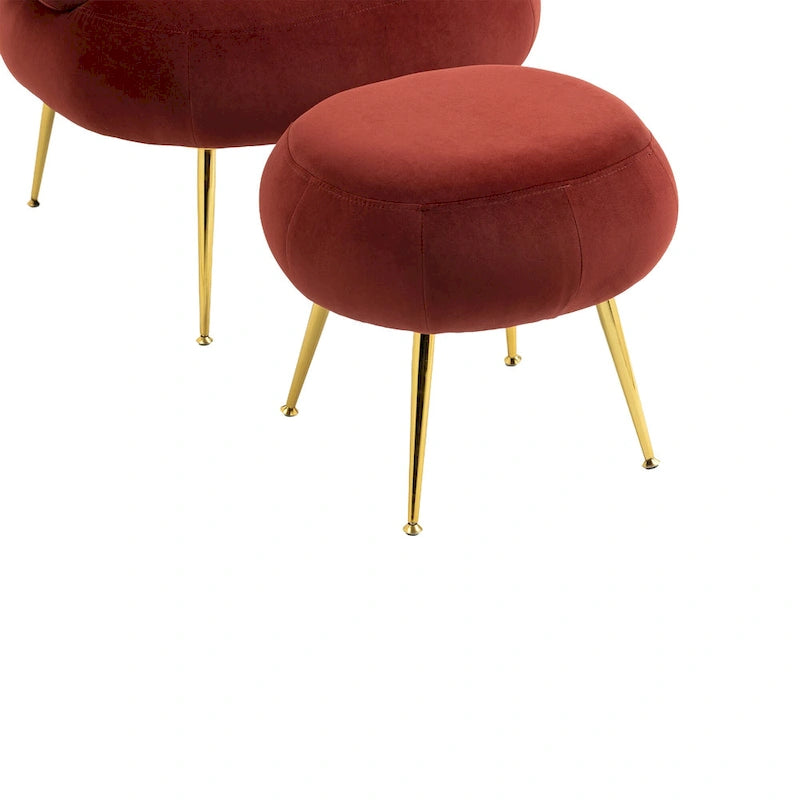 Fauteuil tonneau moderne rembourré rouge lie-de-vin de 74 cm avec pouf et cadre en métal robuste