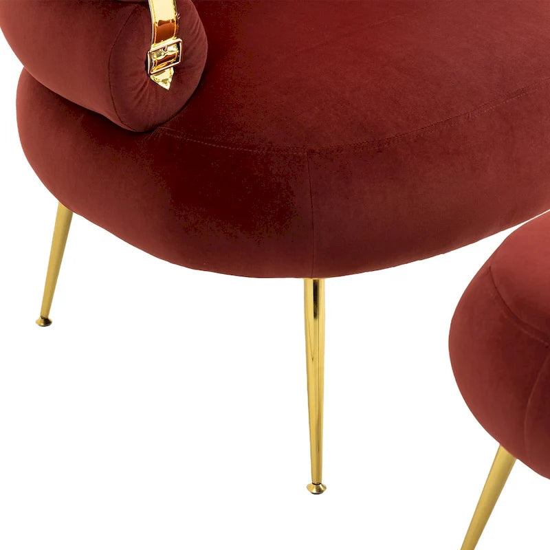 Fauteuil tonneau moderne rembourré rouge lie-de-vin de 74 cm avec pouf et cadre en métal robuste