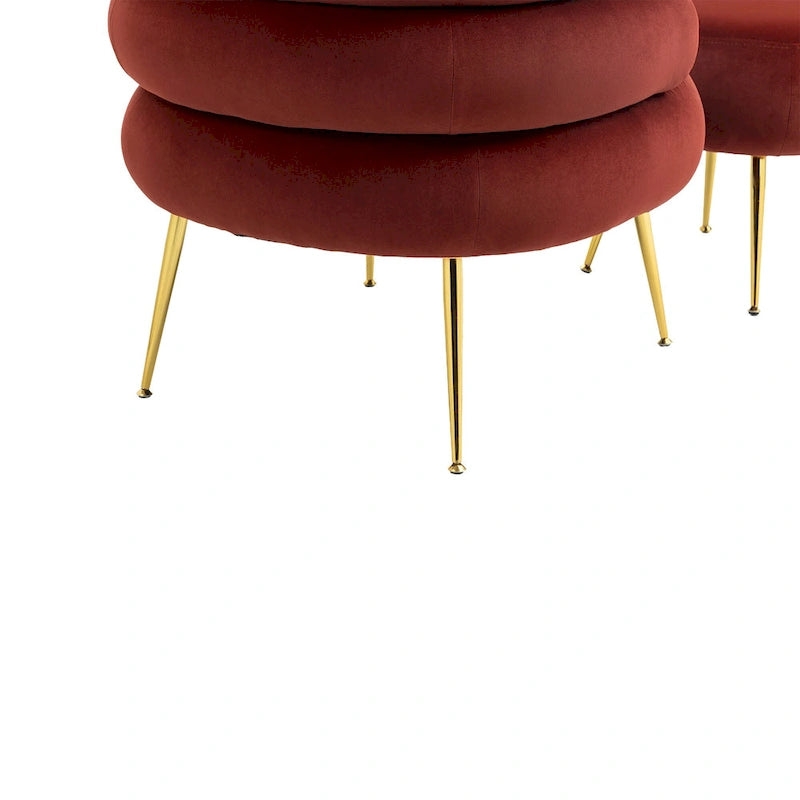 Fauteuil tonneau moderne rembourré rouge lie-de-vin de 74 cm avec pouf et cadre en métal robuste