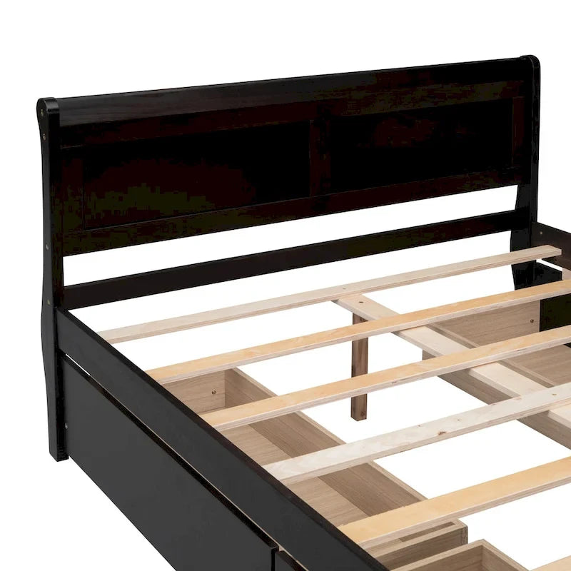 Full Pine Wood Platform Bed with 4 Drawers & Design