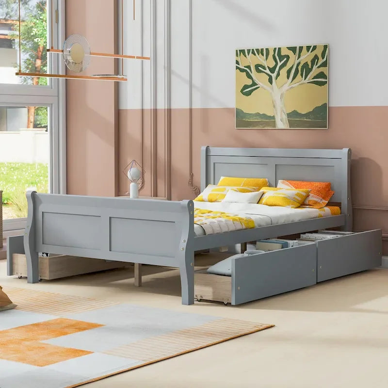 Full Pine Wood Platform Bed with 4 Drawers & Design