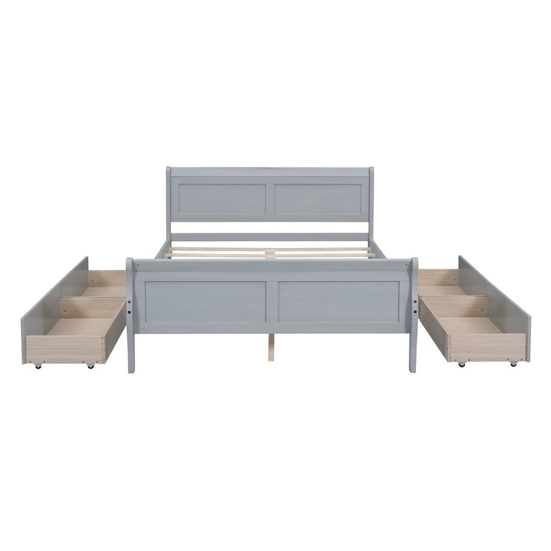 Full Pine Wood Platform Bed with 4 Drawers & Design