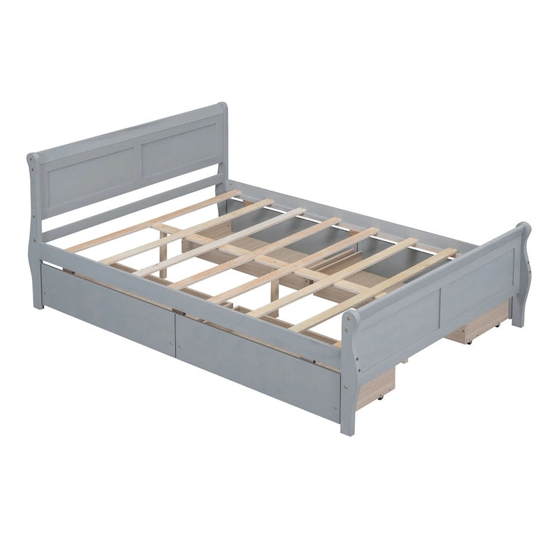 Full Pine Wood Platform Bed with 4 Drawers & Design