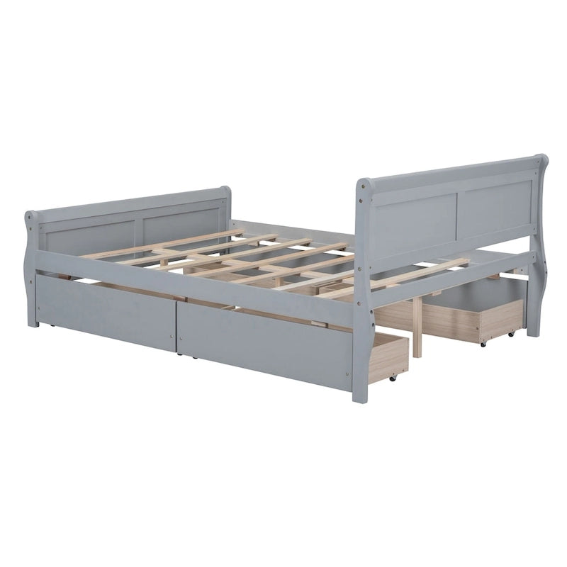Full Pine Wood Platform Bed with 4 Drawers & Design