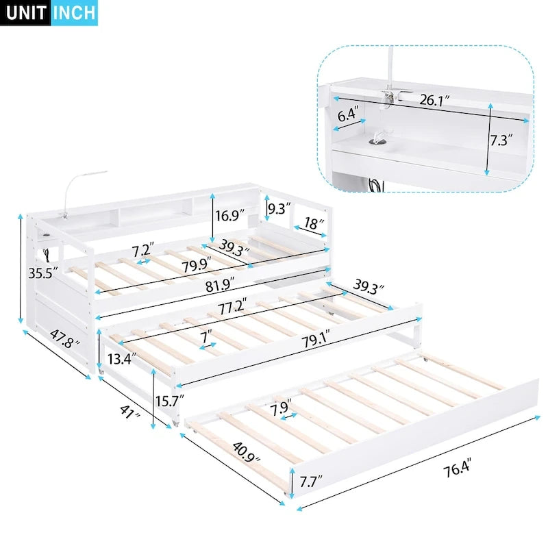 Daybed with Trundles, Shelves & USB