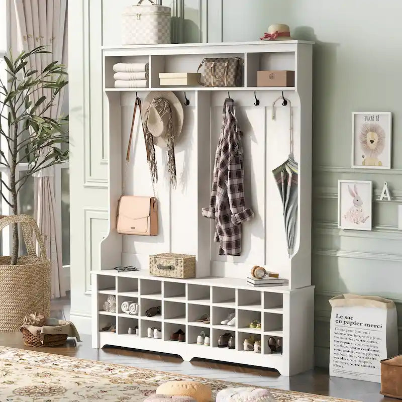 Porte-manteau d'entrée avec banc, 60 de large, avec un grand espace de rangement et 24 casiers à chaussures, blanc (ANCIEN SKU : WF286983AAK)
