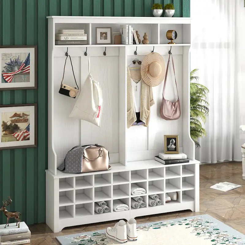 Porte-manteau d'entrée avec banc, 60 de large, avec un grand espace de rangement et 24 casiers à chaussures, blanc (ANCIEN SKU : WF286983AAK)