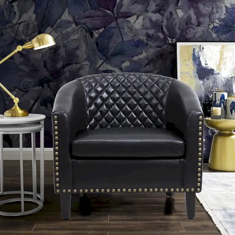 Accent Barrel chair living room chair with nailheads and solid wood legs