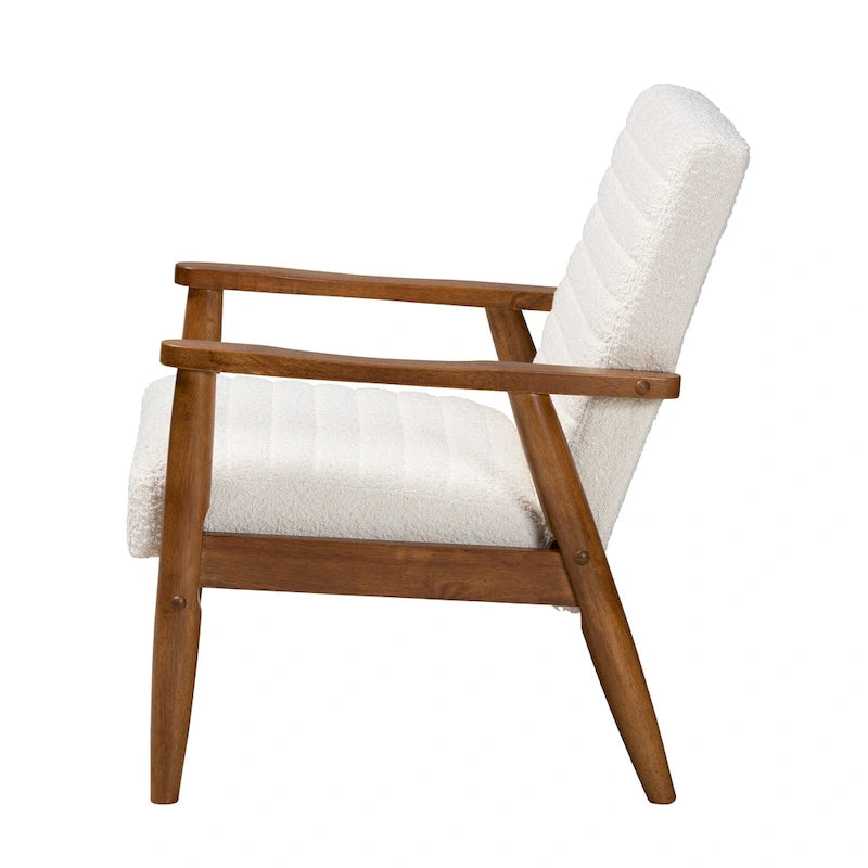 Mid-Century Modern Cream Boucle Fabric and Walnut Brown Finished Wood Armchair