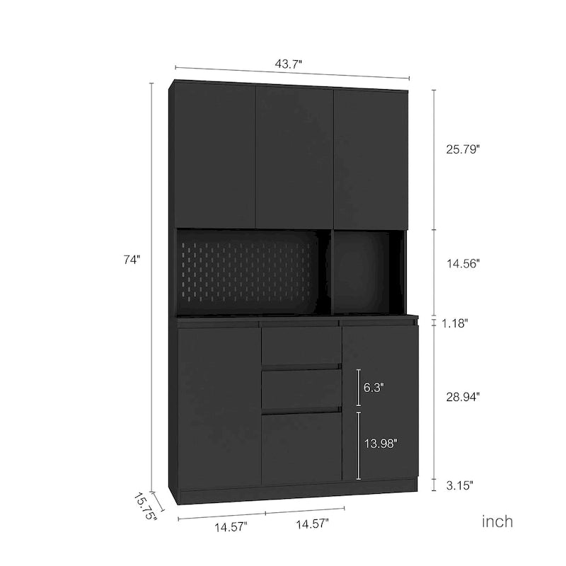 74 Armoire de cuisine autoportante avec 6 portes, 3 étagères et 2 tiroirs, rangement pour buanderie