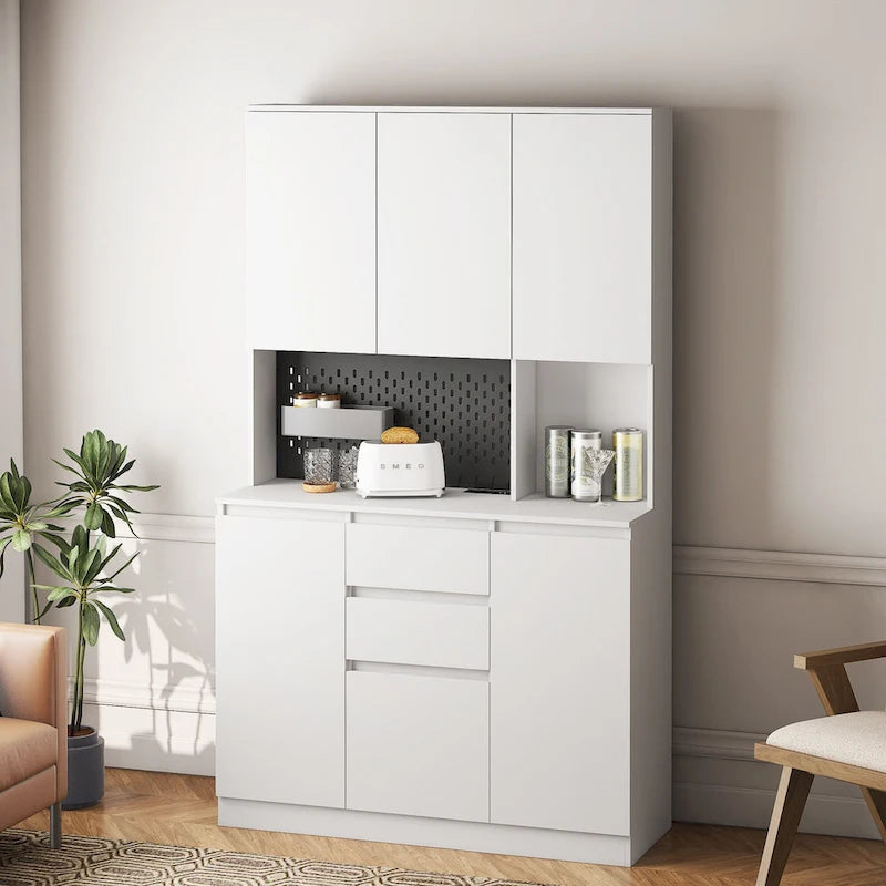 74 Armoire de cuisine autoportante avec 6 portes, 3 étagères et 2 tiroirs, rangement pour buanderie