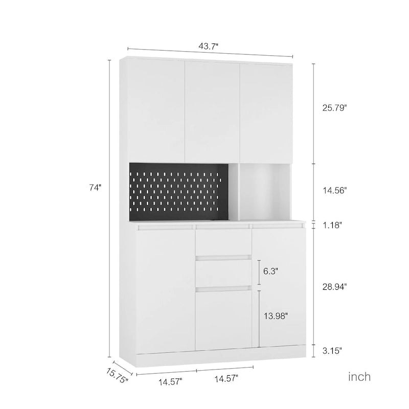 74 Armoire de cuisine autoportante avec 6 portes, 3 étagères et 2 tiroirs, rangement pour buanderie