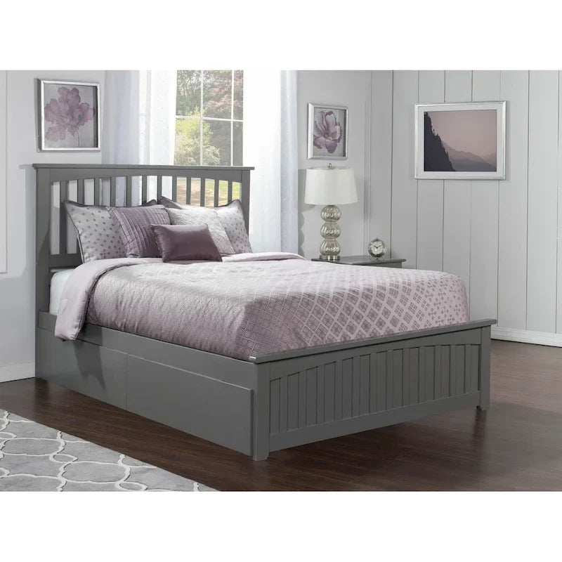 Platform Bed with Matching Foot Board with 2 Bed Drawers in Grey