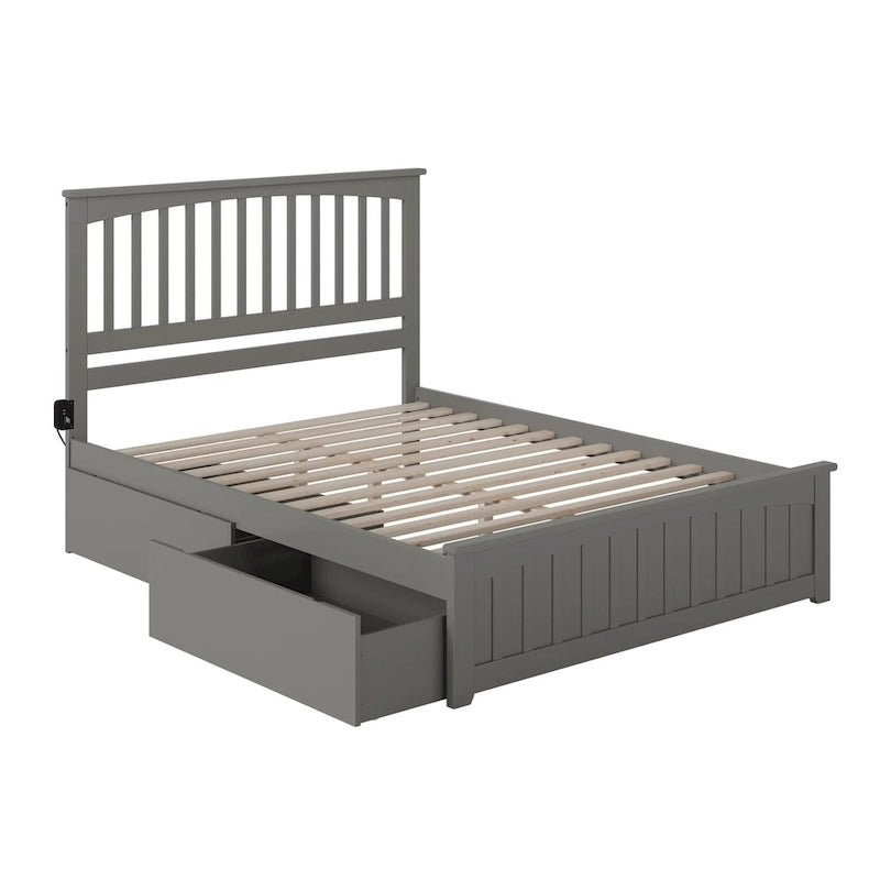 Lit plateforme avec pied de lit assorti et 2 tiroirs de lit gris