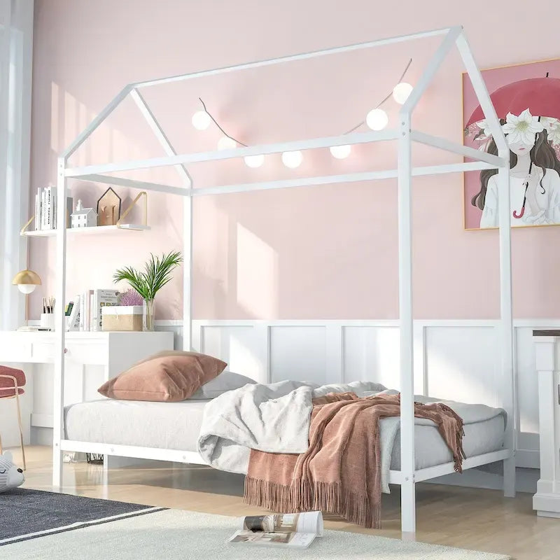 House Bed Frame Twin Size , Kids Bed Frame Metal Platform Bed Floor Bed for Kids Boys Girls No Box Spring Needed