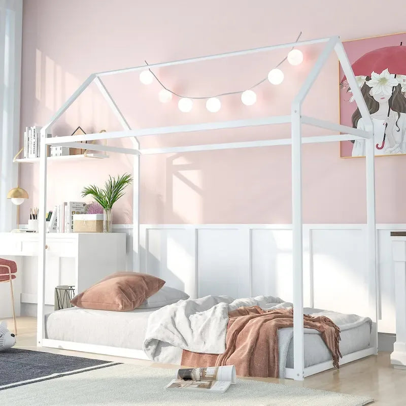 Lit cabane taille double, lit plateforme en métal pour enfants, lit au sol pour garçons et filles, sommier tapissier non requis