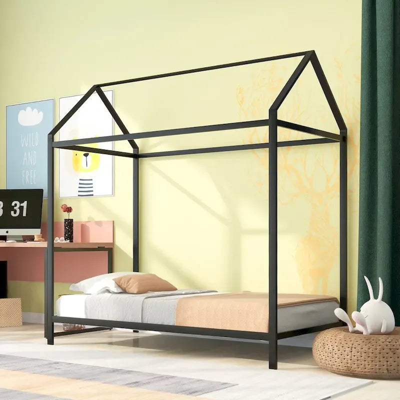 Lit cabane taille double, lit plateforme en métal pour enfants, lit au sol pour garçons et filles, sommier tapissier non requis