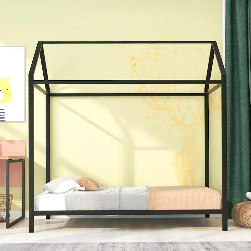 Lit cabane taille double, lit plateforme en métal pour enfants, lit au sol pour garçons et filles, sommier tapissier non requis