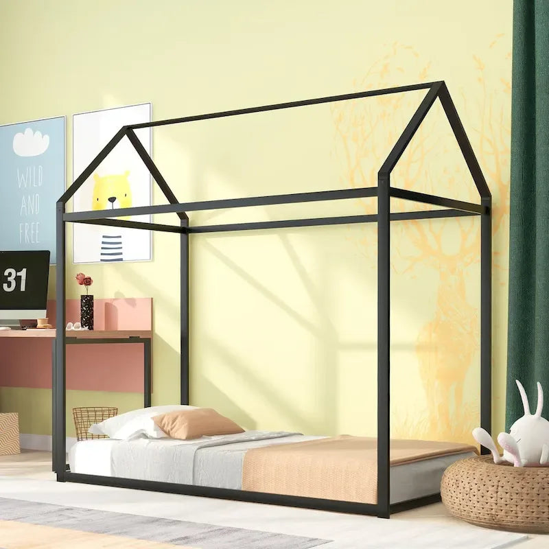 Lit cabane taille double, lit plateforme en métal pour enfants, lit au sol pour garçons et filles, sommier tapissier non requis