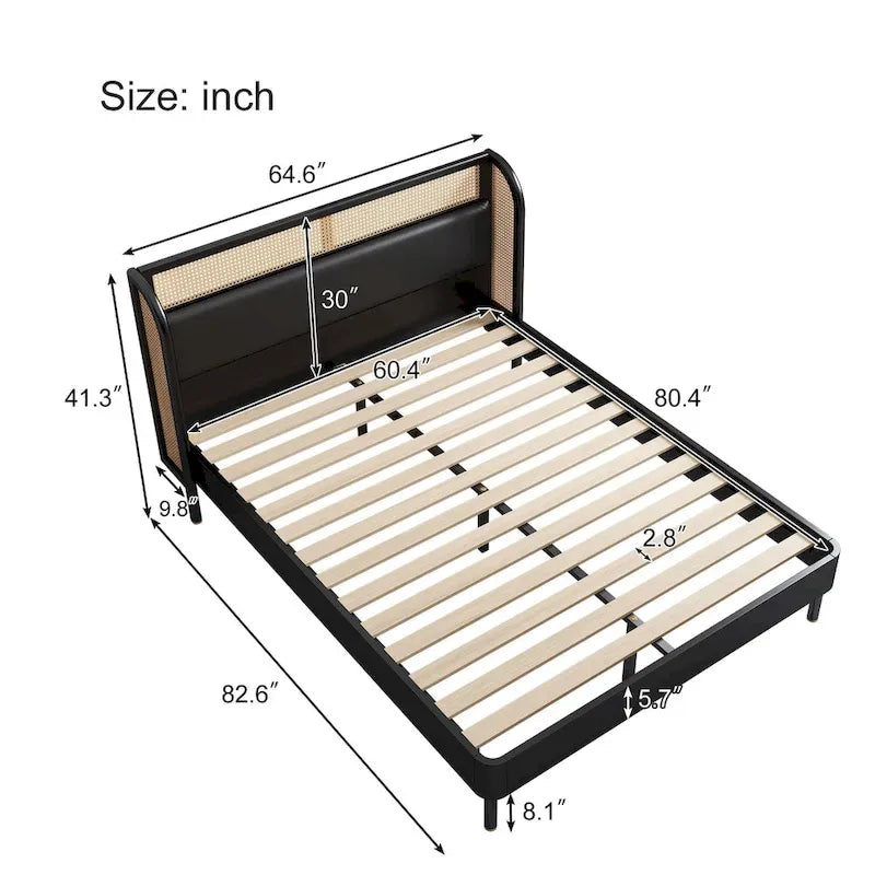 Modern Cannage Rattan Wood Platform Queen Bed