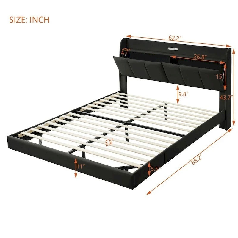 Cadre de lit flottant Queen Size avec tête de lit de rangement, Lit plateforme rembourré moderne avec ports USB