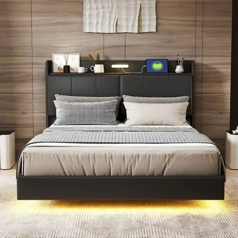 Cadre de lit flottant Queen Size avec tête de lit de rangement, Lit plateforme rembourré moderne avec ports USB