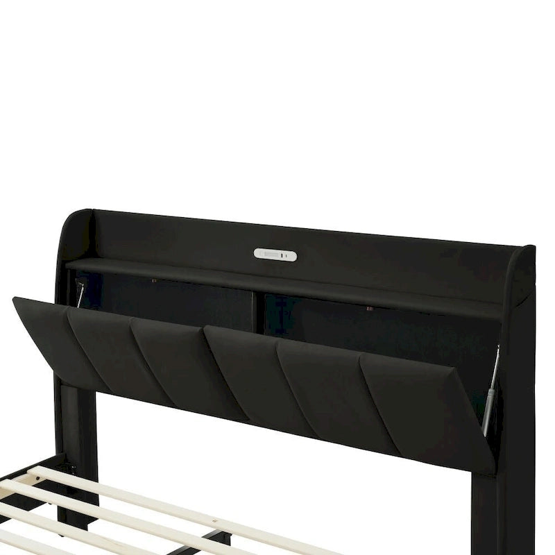 Cadre de lit flottant Queen Size avec tête de lit de rangement, Lit plateforme rembourré moderne avec ports USB
