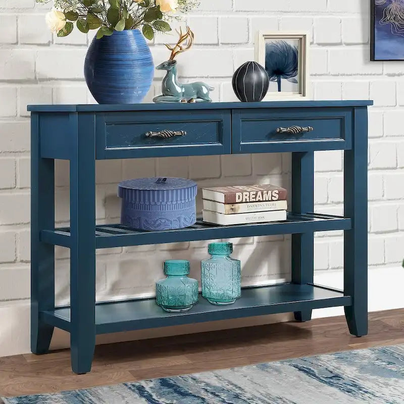 Console Table Canapé avec 2 Tiroirs de Rangement et 2 Étagères, Buffet et Dressoir en Bois Massif de Style Mid-Century de 42 pouces
