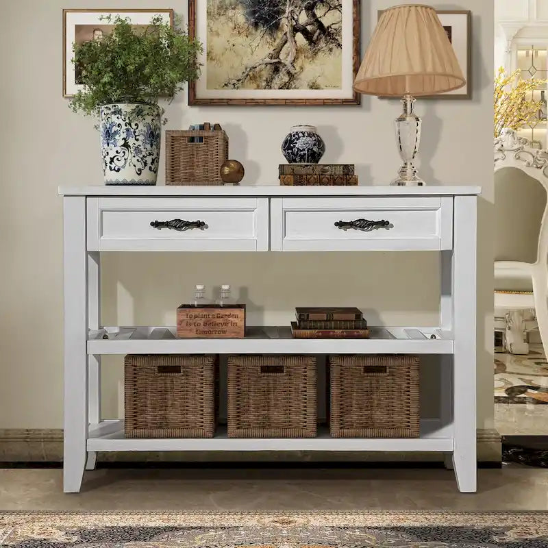 Console Table Canapé avec 2 Tiroirs de Rangement et 2 Étagères, Buffet et Dressoir en Bois Massif de Style Mid-Century de 42 pouces