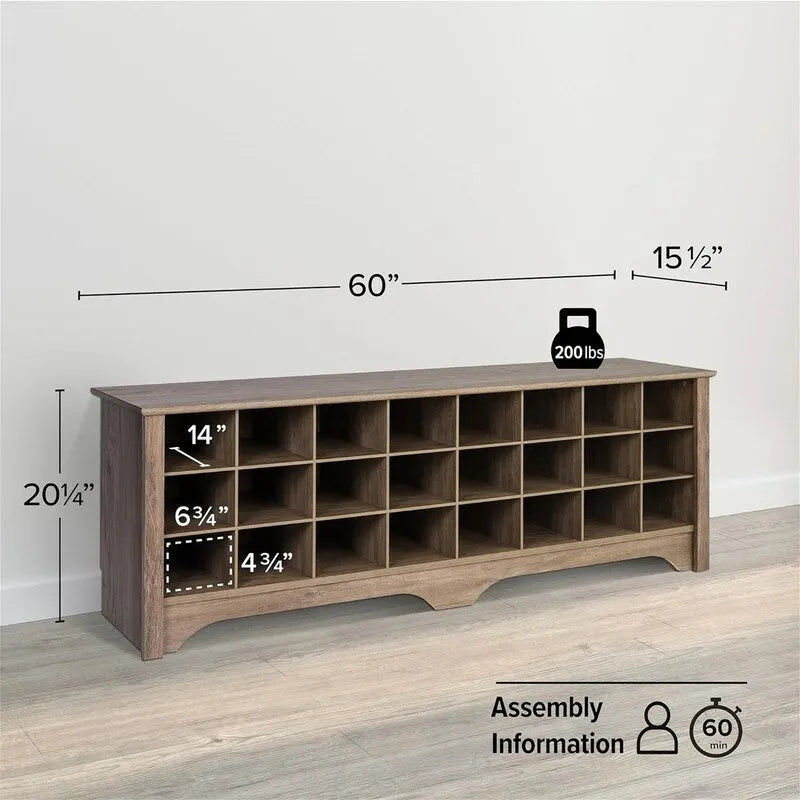 24 Pair Shoe Storage Cubby Bench - 15.5D x 60W x 20.25H